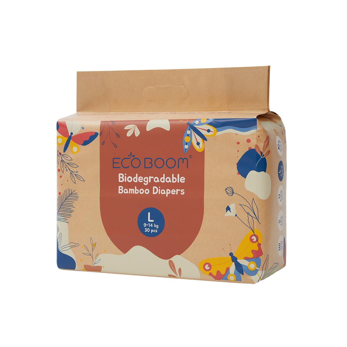 ECOBOOM - Fralda de Bambu Eco Boom. 70% biodegradável, hipoalergénica (tamanho 4/L 9-14 kg, embalagem de 8 saquetas, total de 240 fraldas)