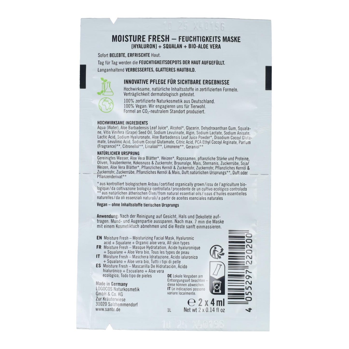 Máscara de hidratação fresca com ácido hialurónico e aloé vera, Sante 2 x 4 ml