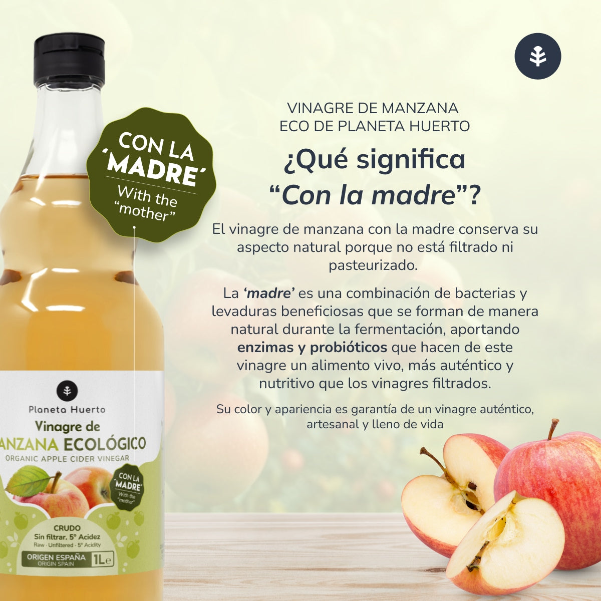 Vinagre de maçã cru biológico não filtrado com a mãe Planeta Huerto 1L