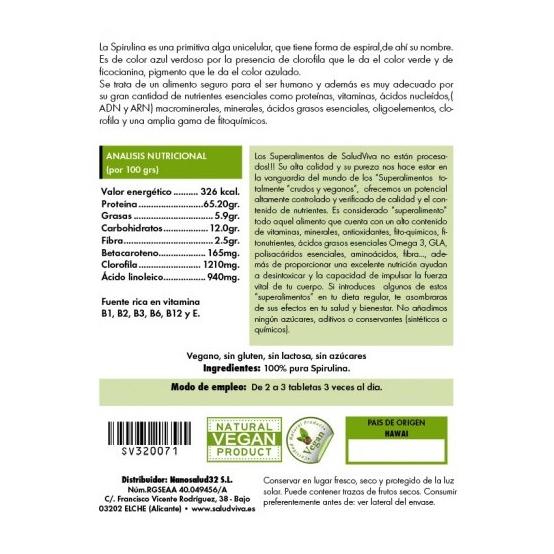 Spirulina ECO 260 comprimidos 125 g, Salud Viva
