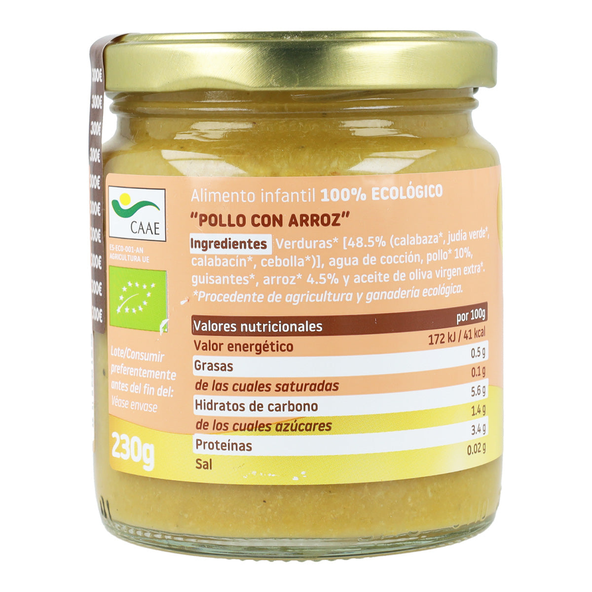 Pack de 3 frascos dourados de frango biológico com arroz +6 meses Smileat 230g