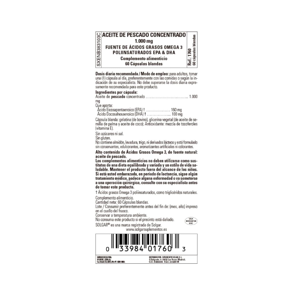 Óleo de Peixe Concentrado Solgar 60 Cápsulas