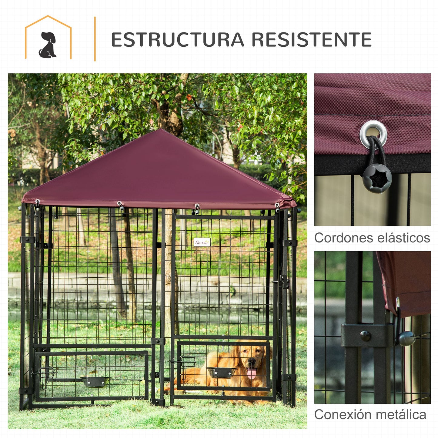 Pawhut Perrera De 8 Paneles Con 2 Cuencos Y Toldo 141x141x153 Cm Negro Y Rojo_5