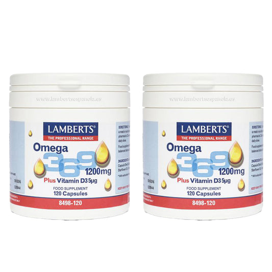 Embalagem 2x Ómega 3-6-9 com Vitamina D3 Lamberts 120 Cápsulas