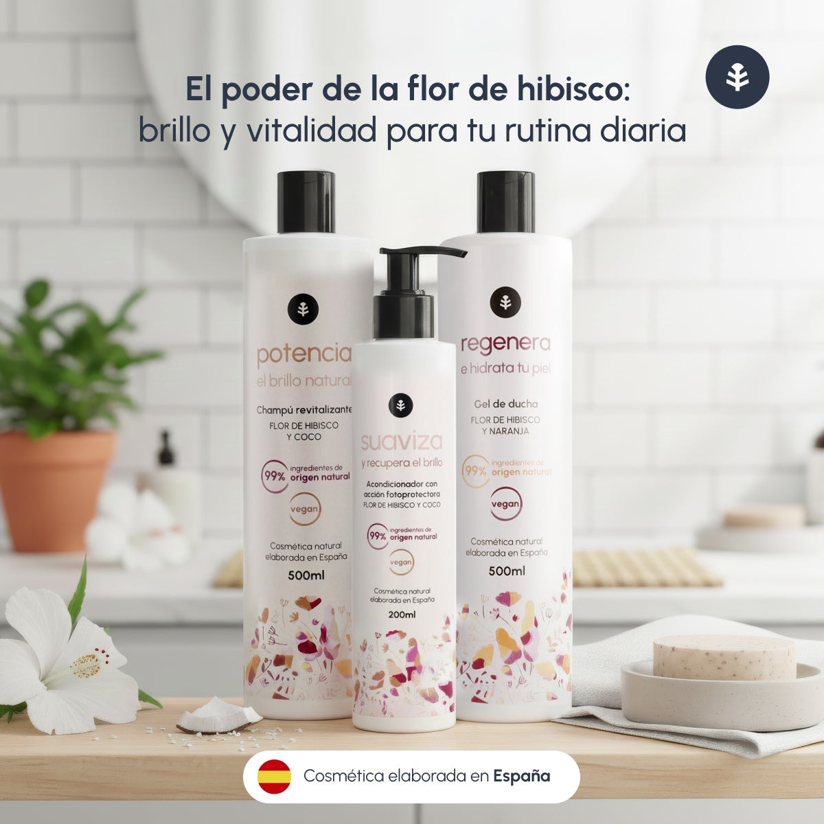 Planeta Huerto Pacote Flor de Hibisco: Champô iluminador 500 ml + Gel de banho 500 ml + Condicionador reparador de brilho 200 ml