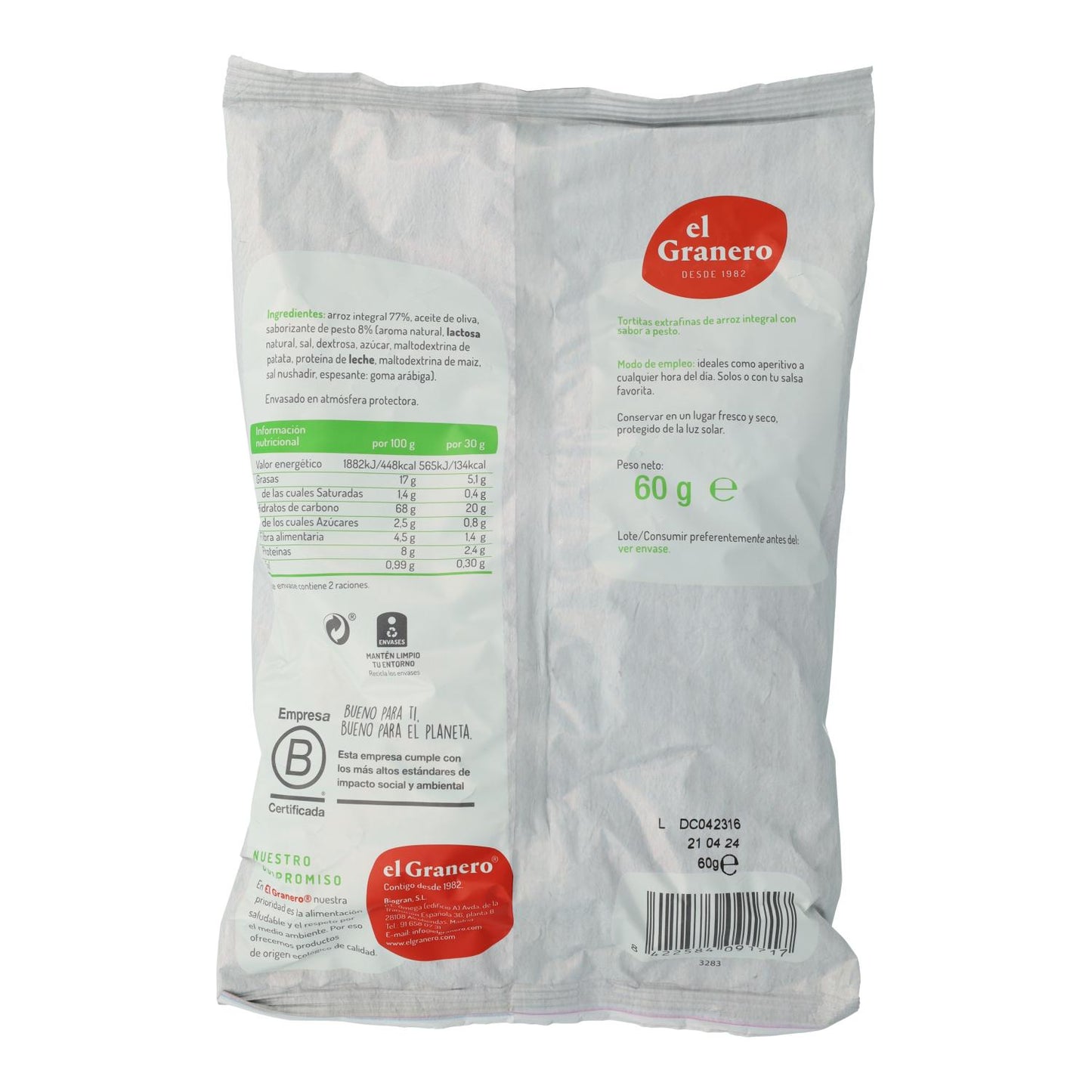 Bolinhos Extra Finos de Arroz Integral e Pesto Sem Glúten El Granero 60 g