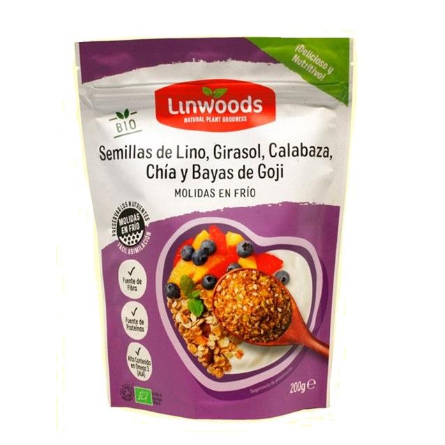 Linhaça, girassol, abóbora, chia e bagas de goji moídas biológicas - Linwoods 200g