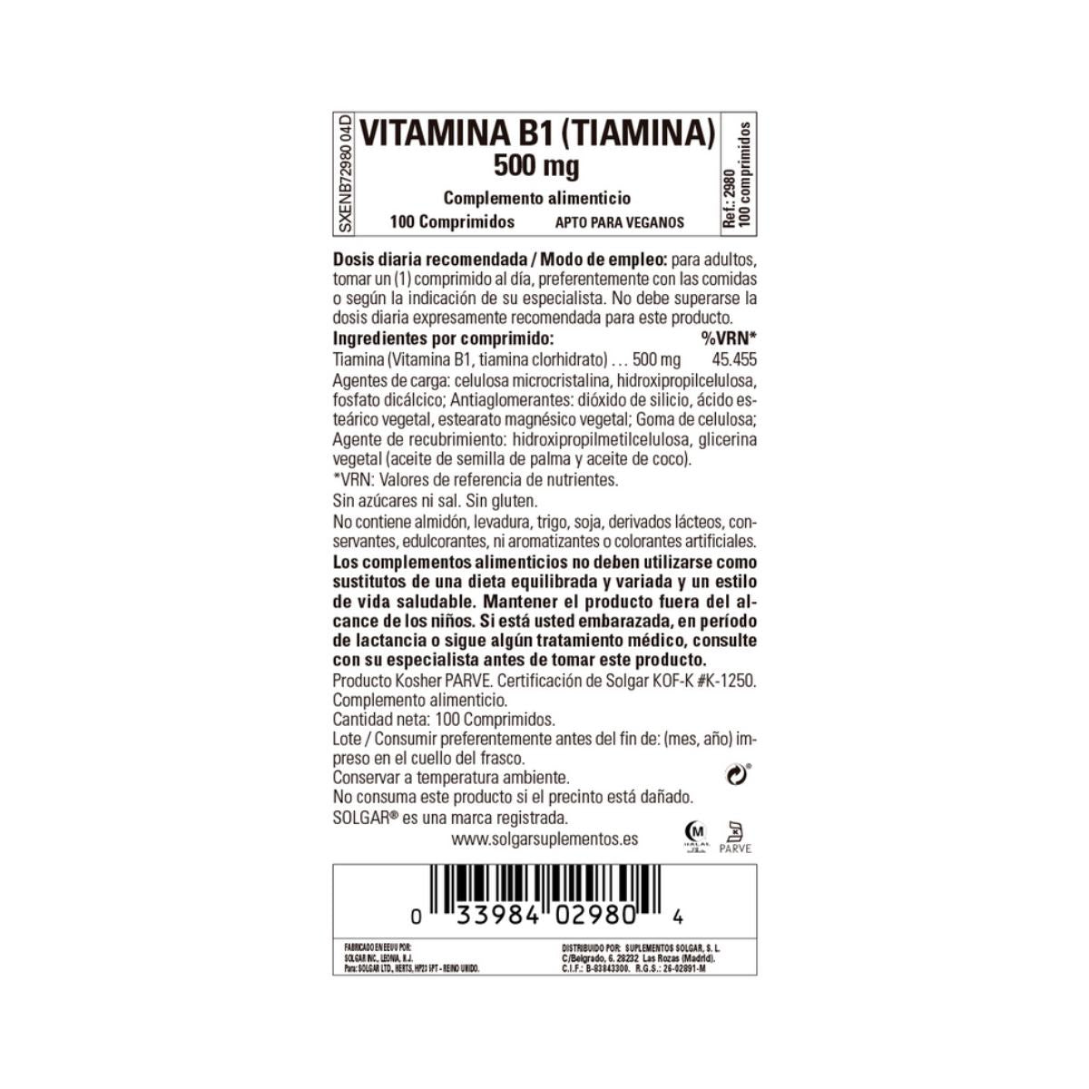 Vitamina B1, 100 comprimidos de 500 mg