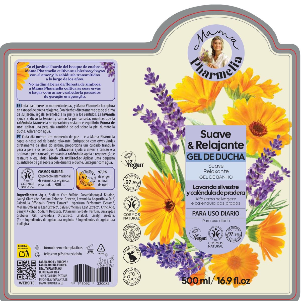 Gel de Ducha Relajante con Lavanda Silvestre y Caléndula de Pradera, Mama Pharmelia, 500ml