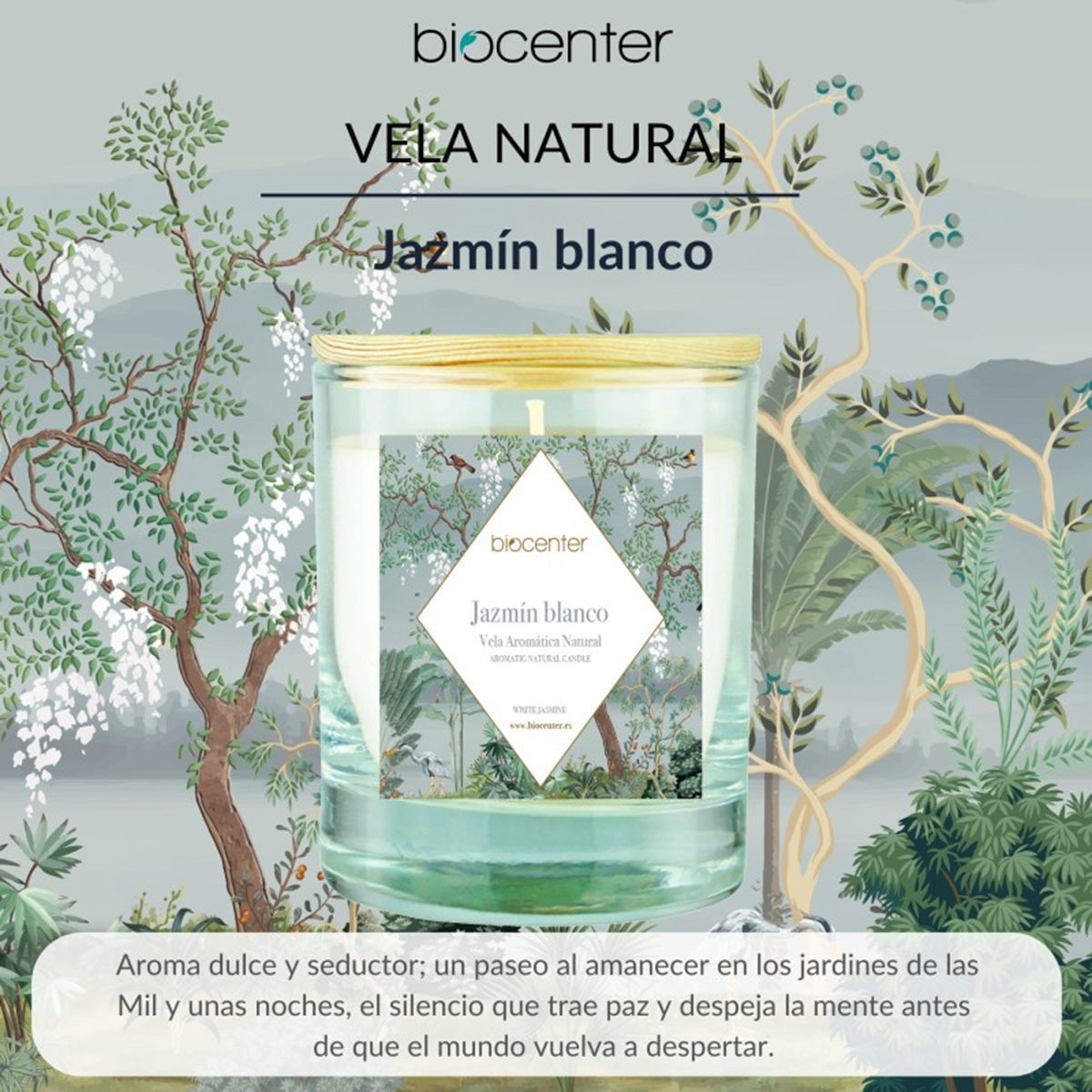 Vela Natural de Jasmim Branco - Cera Vegetal e Óleos Essenciais, Biocenter, 200 g