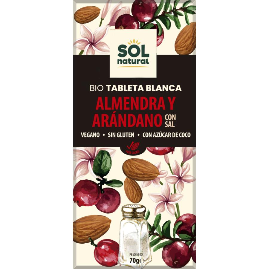 Barra de Chocolate Branco Vegan Biológico Sol Natural com Amêndoa e Arando 70g