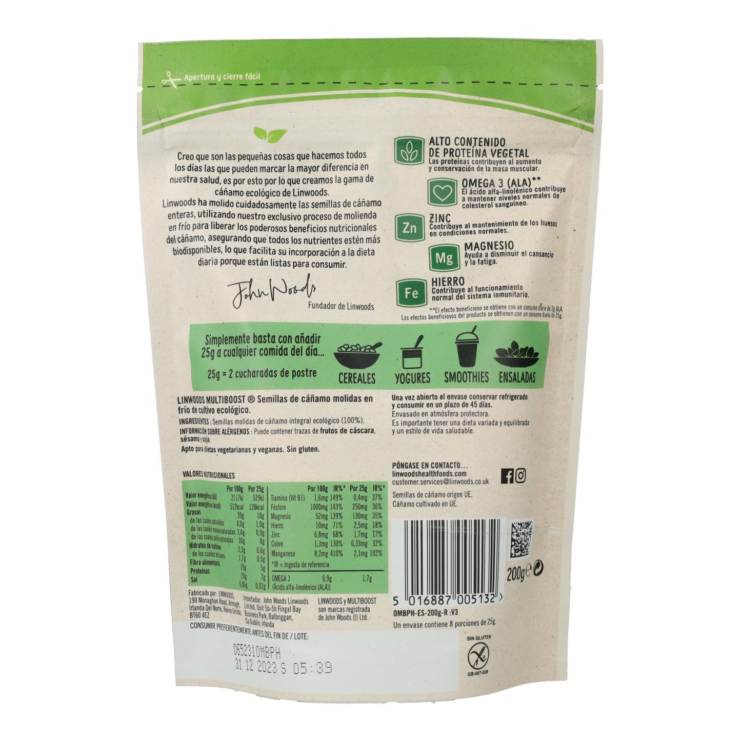 Sementes de cânhamo moídas biológicas Linwoods 200g