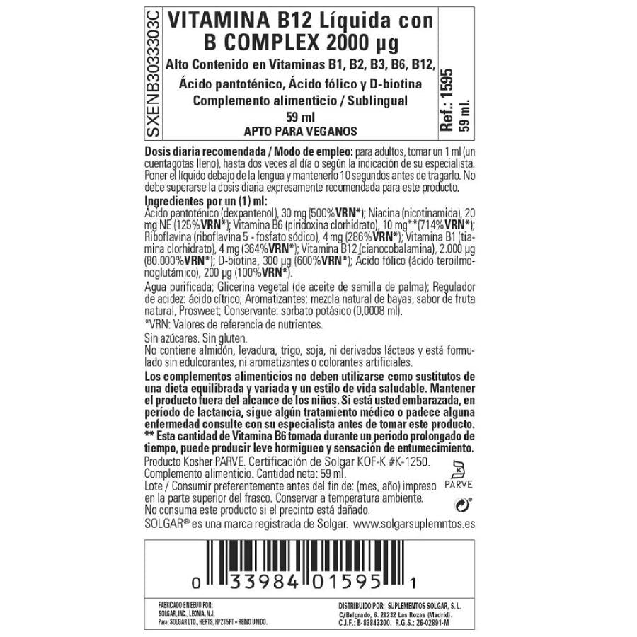 Vitamina B12 líquida sublingual, 59 ml de 2000 mcg