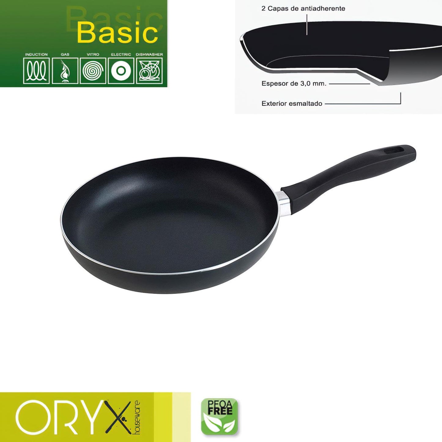 Oryx Sartén Aluminio Antiadherente Basic, Alta Resistencia, Apta Inducción, Libre Pfoa, Diámetro 24 Cm, Espesor 3 Mm.