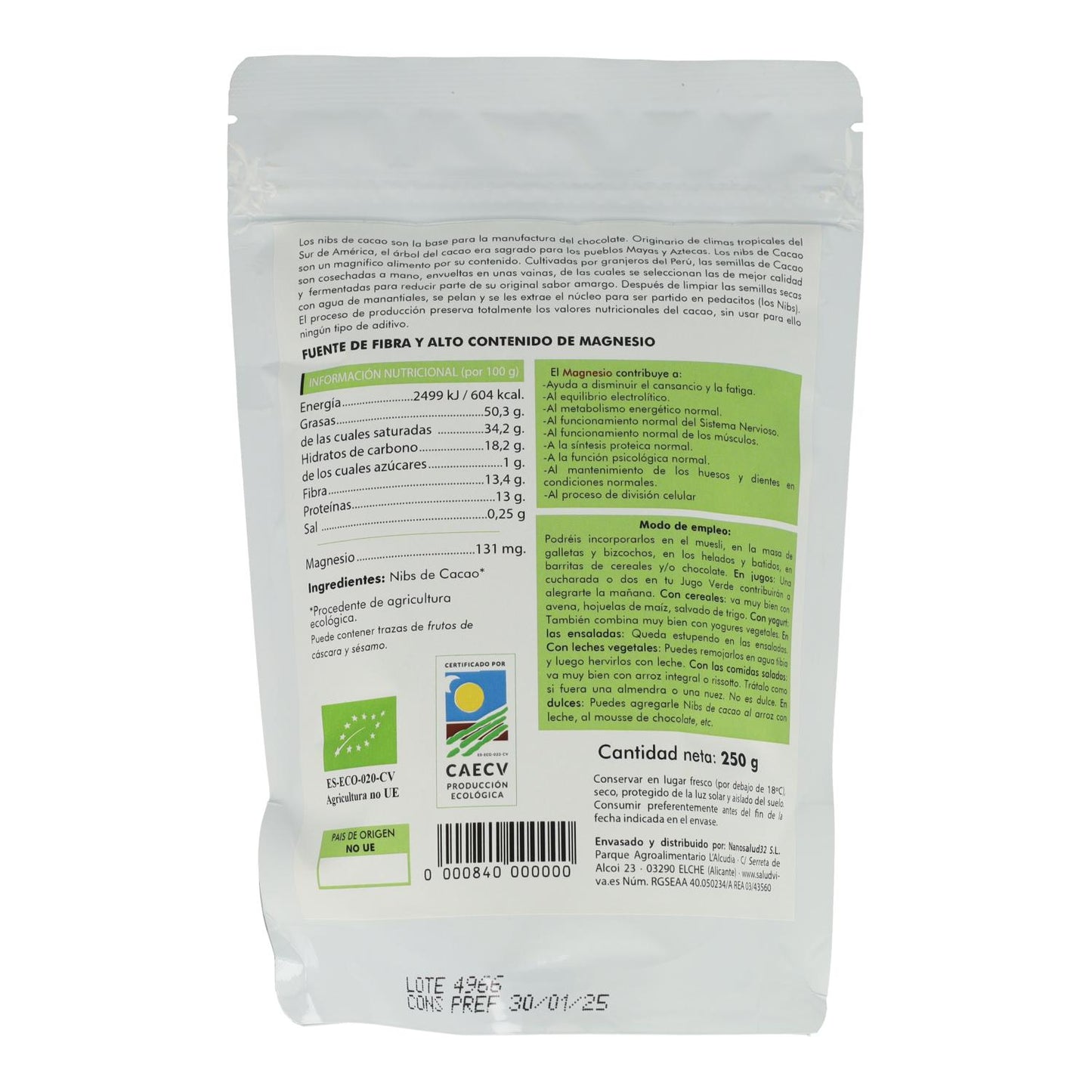 Nibs de cacau biológico 250 g, Salud Viva