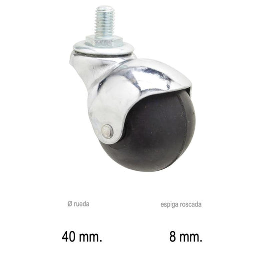 Rueda Domestica Goma Negra Esfera Espiga M8x40 Mm.