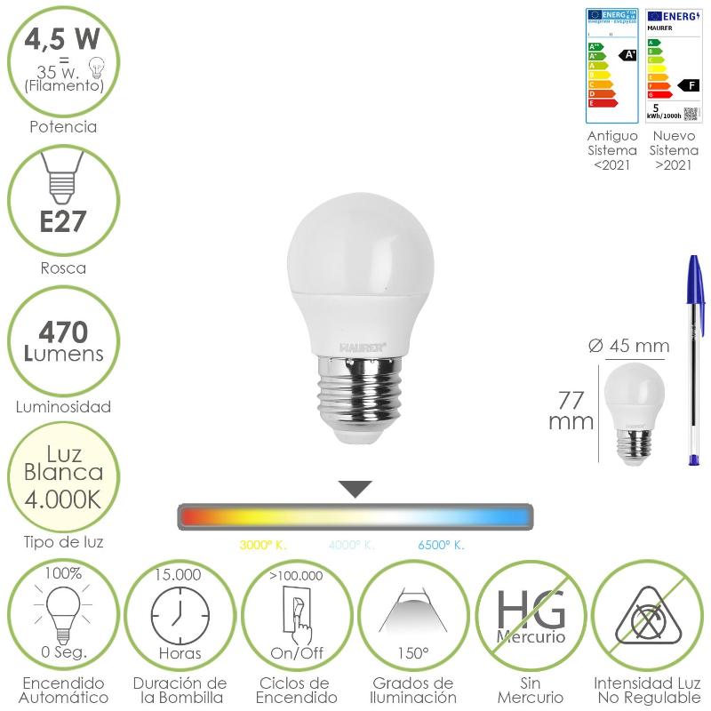 Bombilla Led Esferica Rosca E27 4.5 Watt. Equivale A 55 Watt. 470 Lumenes. Luz Neutra (4000º K)_0