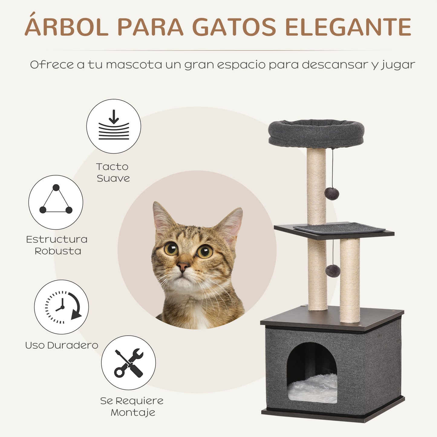 Pawhut Árbol Gatos Con Cueva De Fieltro Desmontable Y Postes Rascadores De Sisal_5