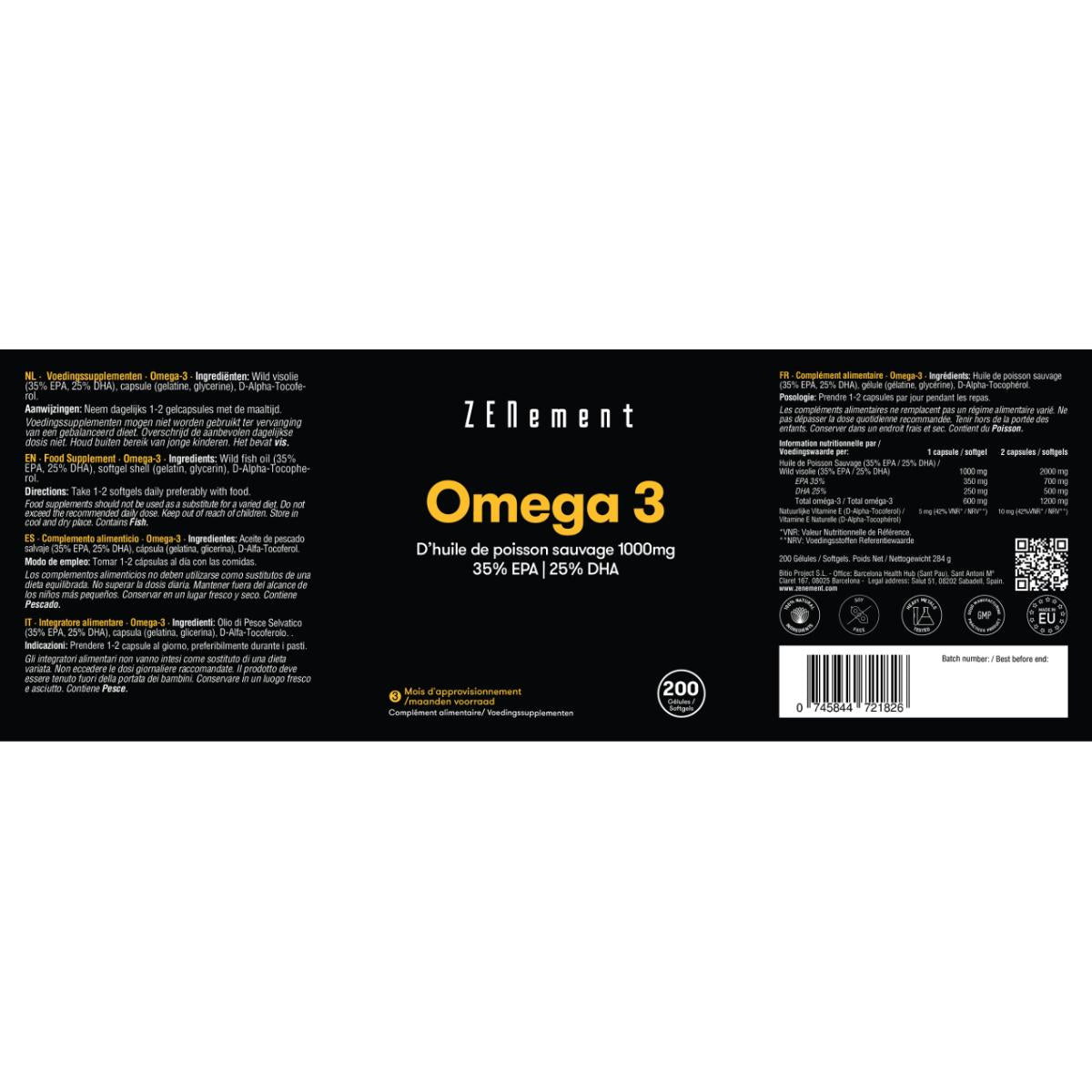 Ómega-3 Força Máxima, Óleo de Peixe Selvagem 1000mg | 35% EPA | 25% DHA Zenement, 200 Comprimidos