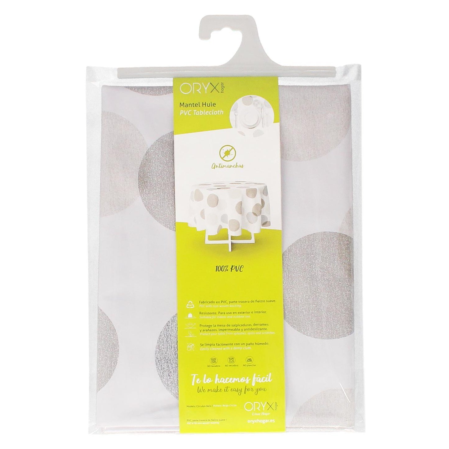 Mantel Hule Rectangular Circulos Beige Impermeable Antimanchas Pvc 140x250 Cm. Recortable Uso Interior Y Exterior