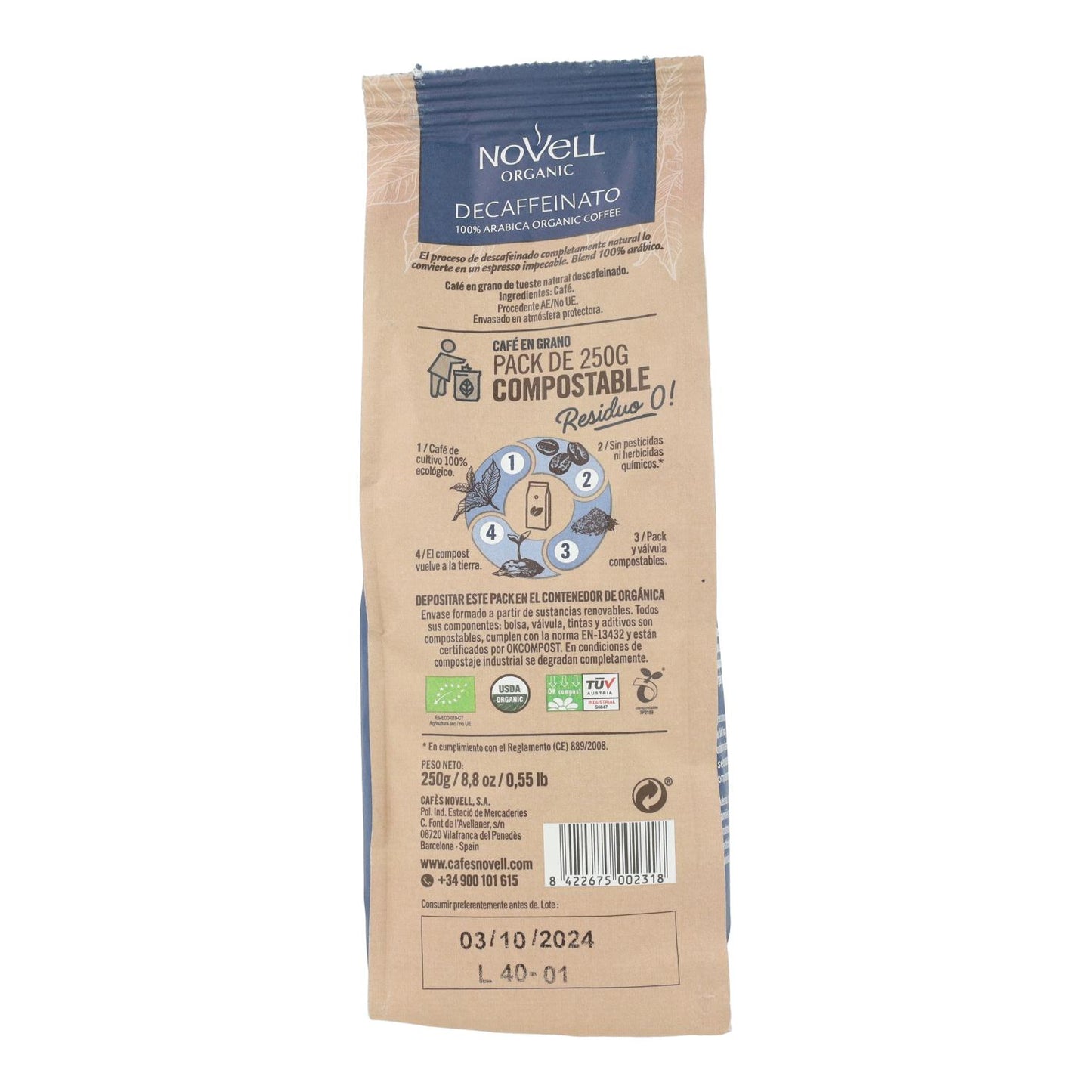 Grãos de café descafeinado biológico 250 g