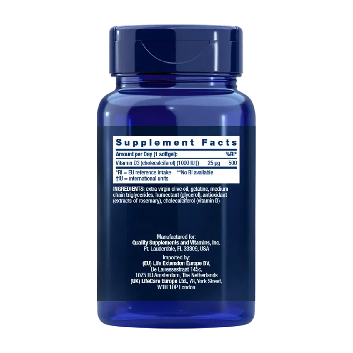 Vitamina D3 1000 UI, Life Extension 250 pérolas