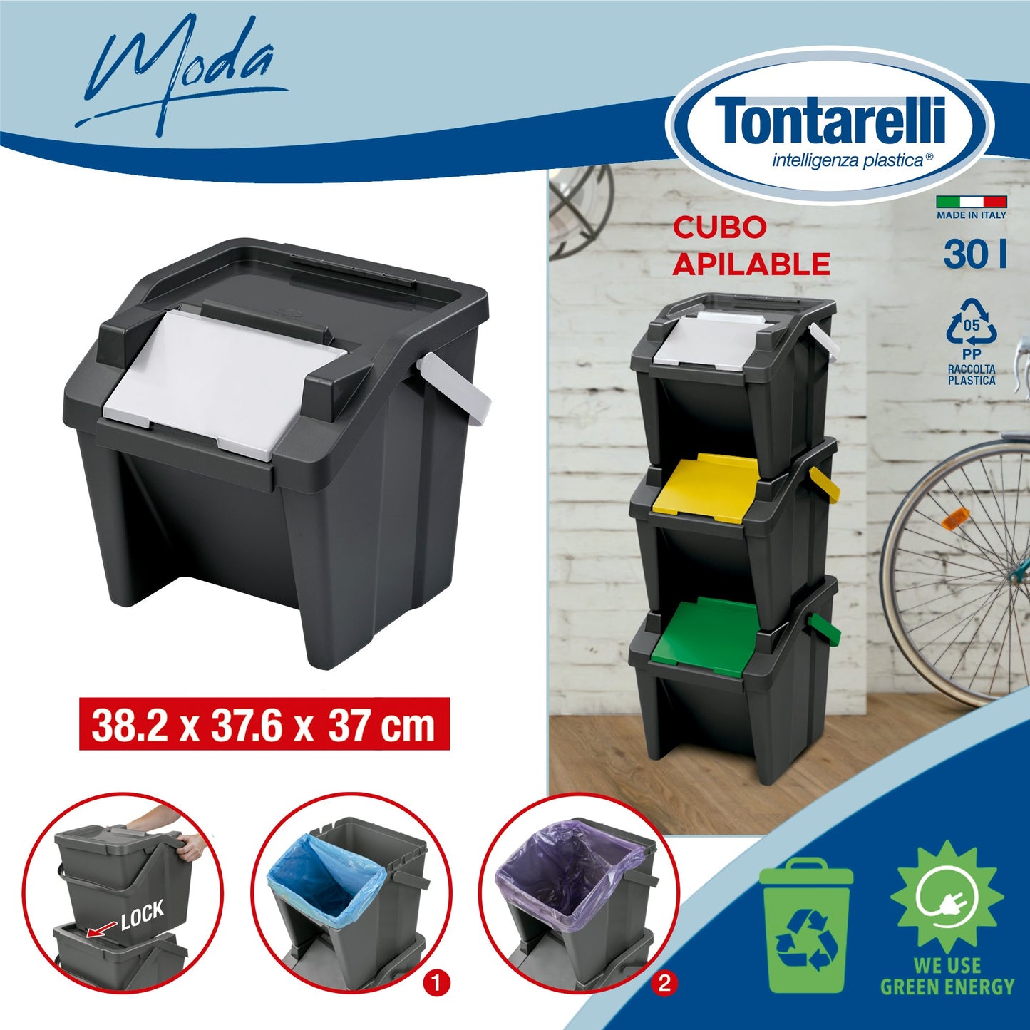 Papelera Apilable moda 30l Con Asa (cubo Negro-tapa Blanco)_1