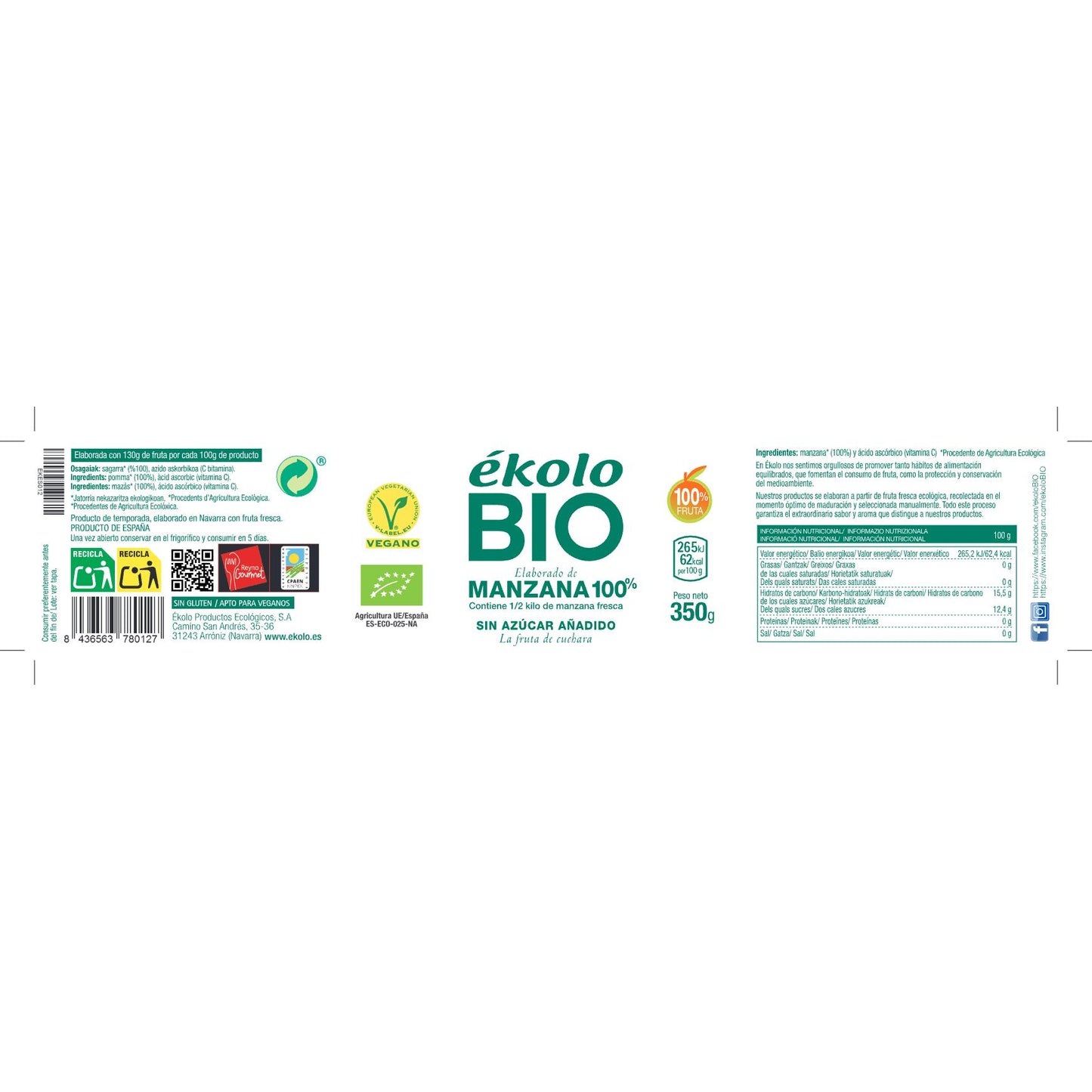 Feito com maçãs 100% sem açúcar BIO Ékolo 350 g