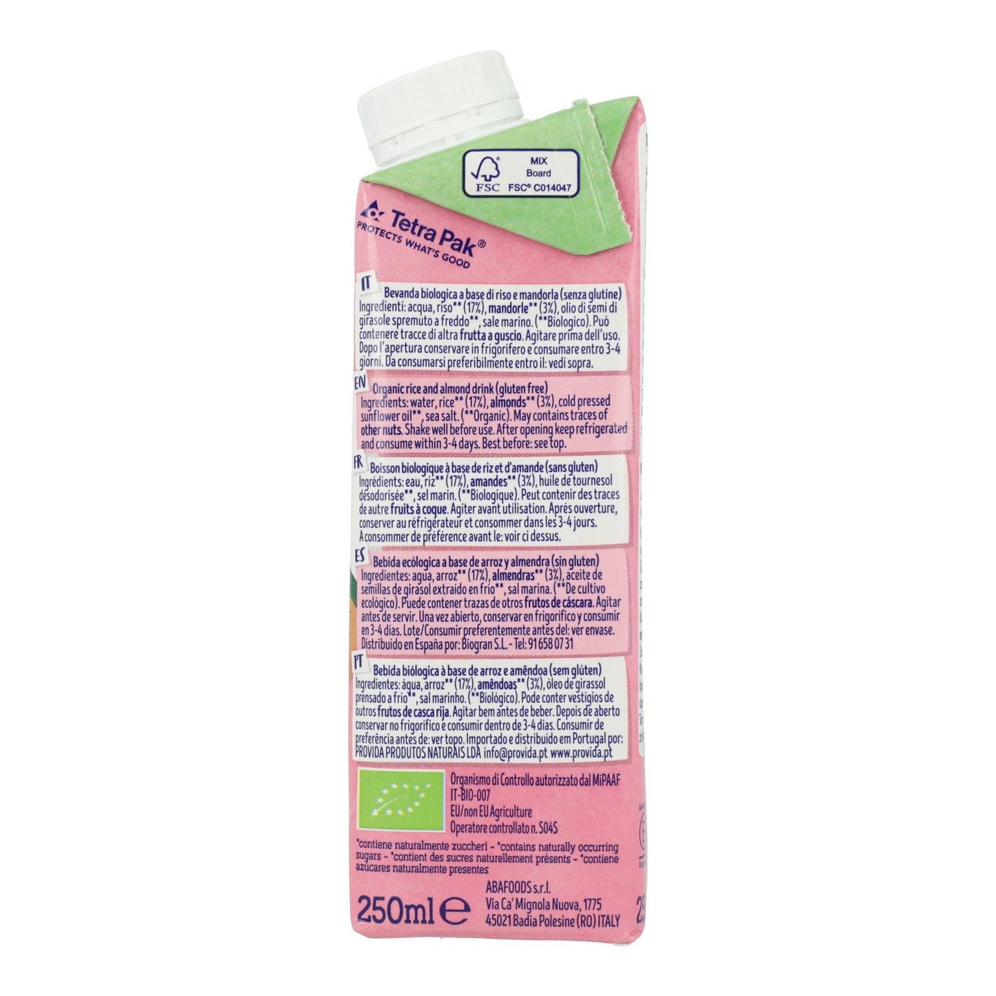 Pack de 24 bebidas biológicas de arroz e amêndoa Isola 250 ml