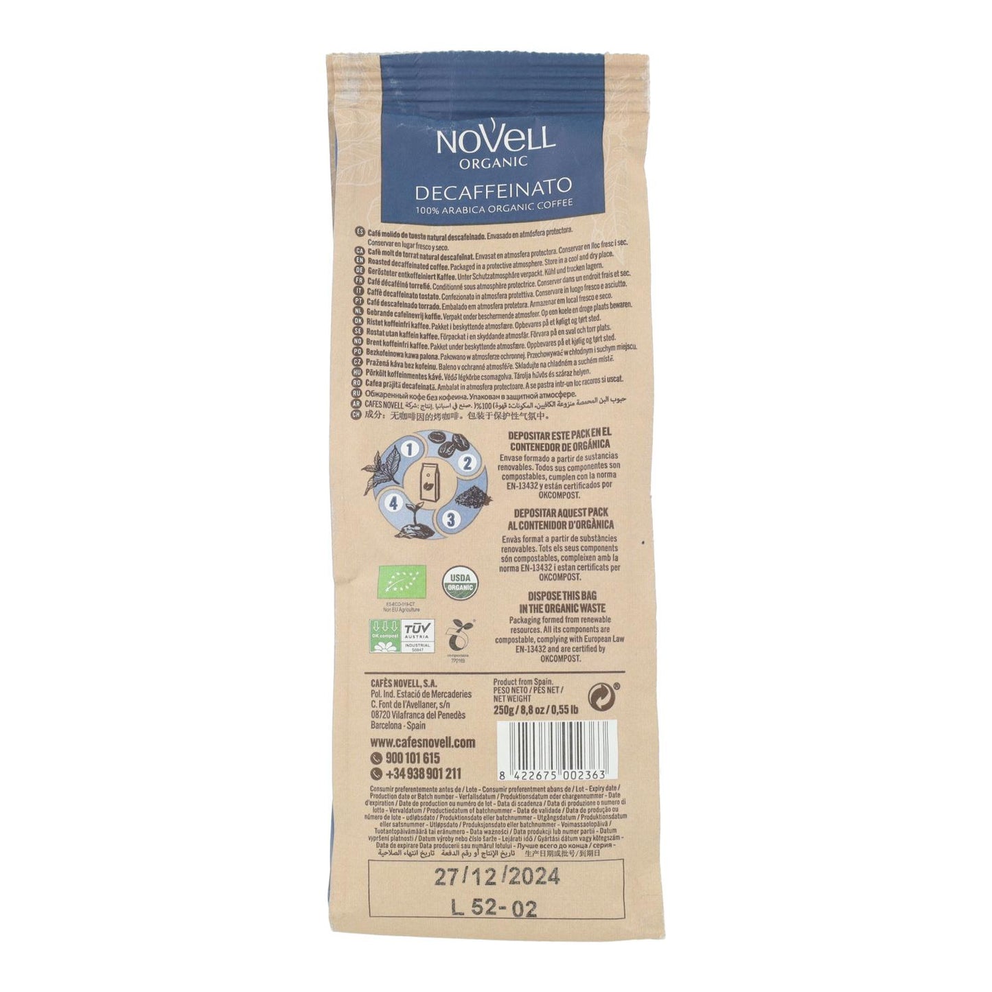 Café moído descafeinado biológico 250 g