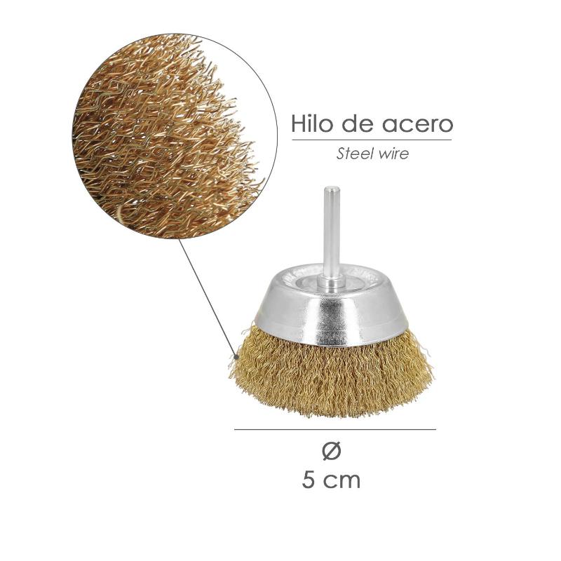 Cepillo Acero Latonado Para Taladro Taza Ø 50 Mm. Espiga 1/4 Cepillo Taladro Alambre Latón, Cepillo Limpieza, Cepillo Pulir.