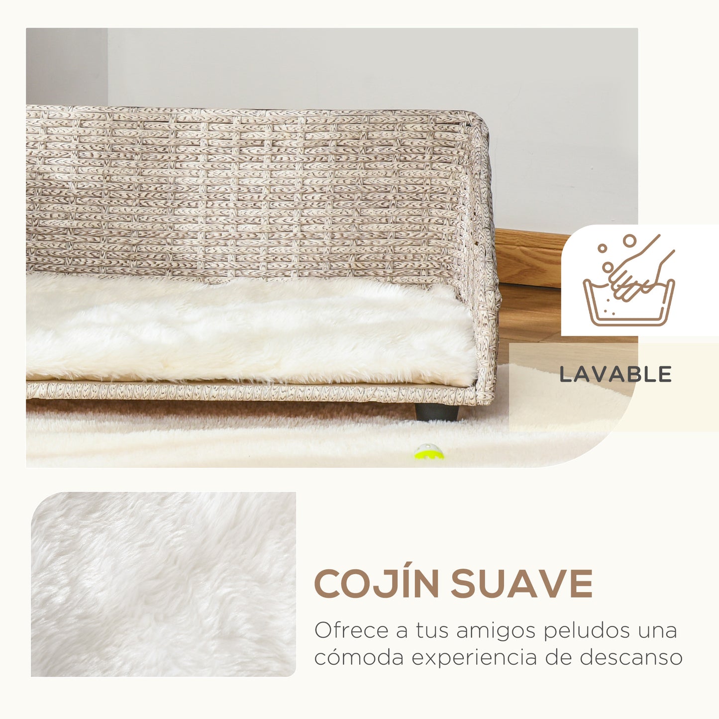 Pawhut Sofá Cama De Ratán Para Mascotas Perros Gatos Con Cojín Lavable_5