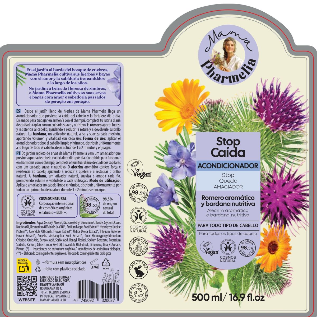 Acondicionador Stop Caída con Romero Aromático y Bardana Nutritiva, Mama Pharmelia, 500ml