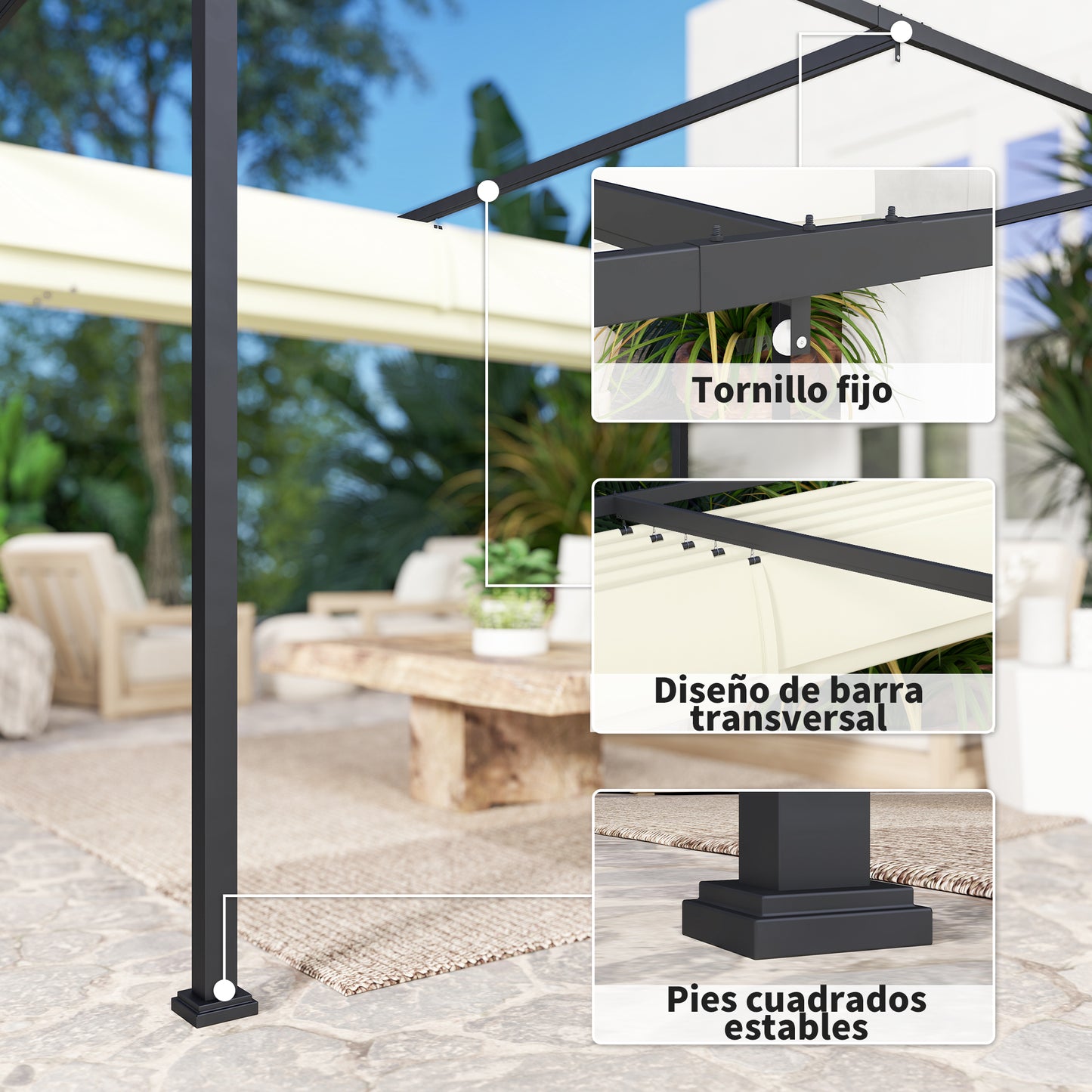 Outsunny Pérgola Con Techo Retráctil 4x3 M Resistente Al Agua Crema_5