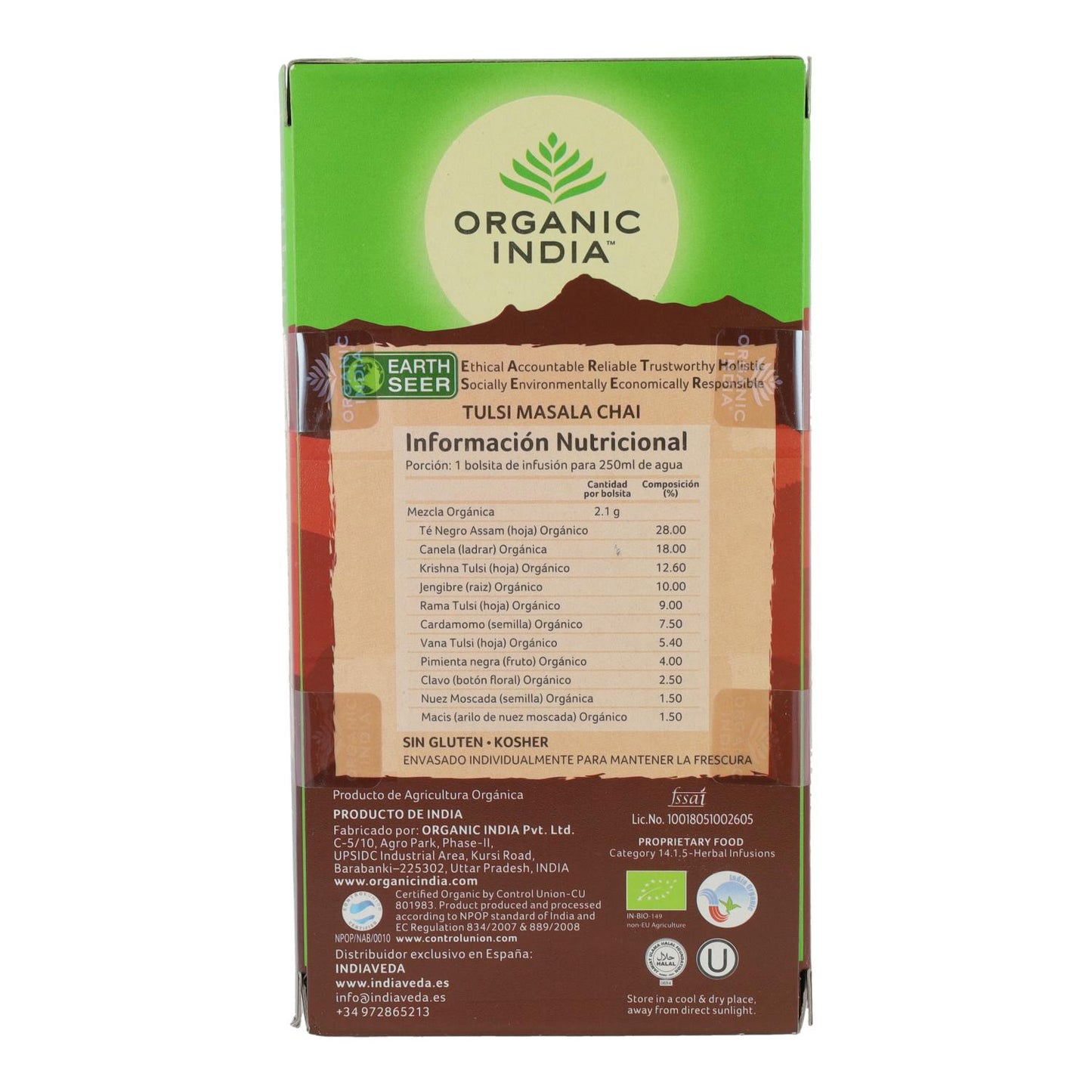 Tulsi e Masala Chai Orgânico Índia 25 sacos