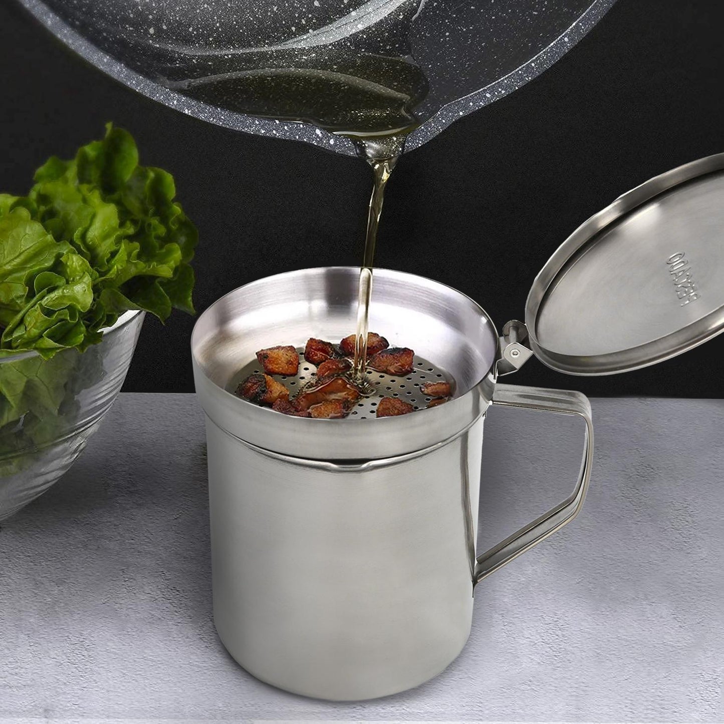 Grasera Acero Inoxidable Para Carne, Aceitera Aceite Usado 1,0 Lts. Con Colador Y Tapa, Recipiente Reciclaje Aceite Usado Carne_3