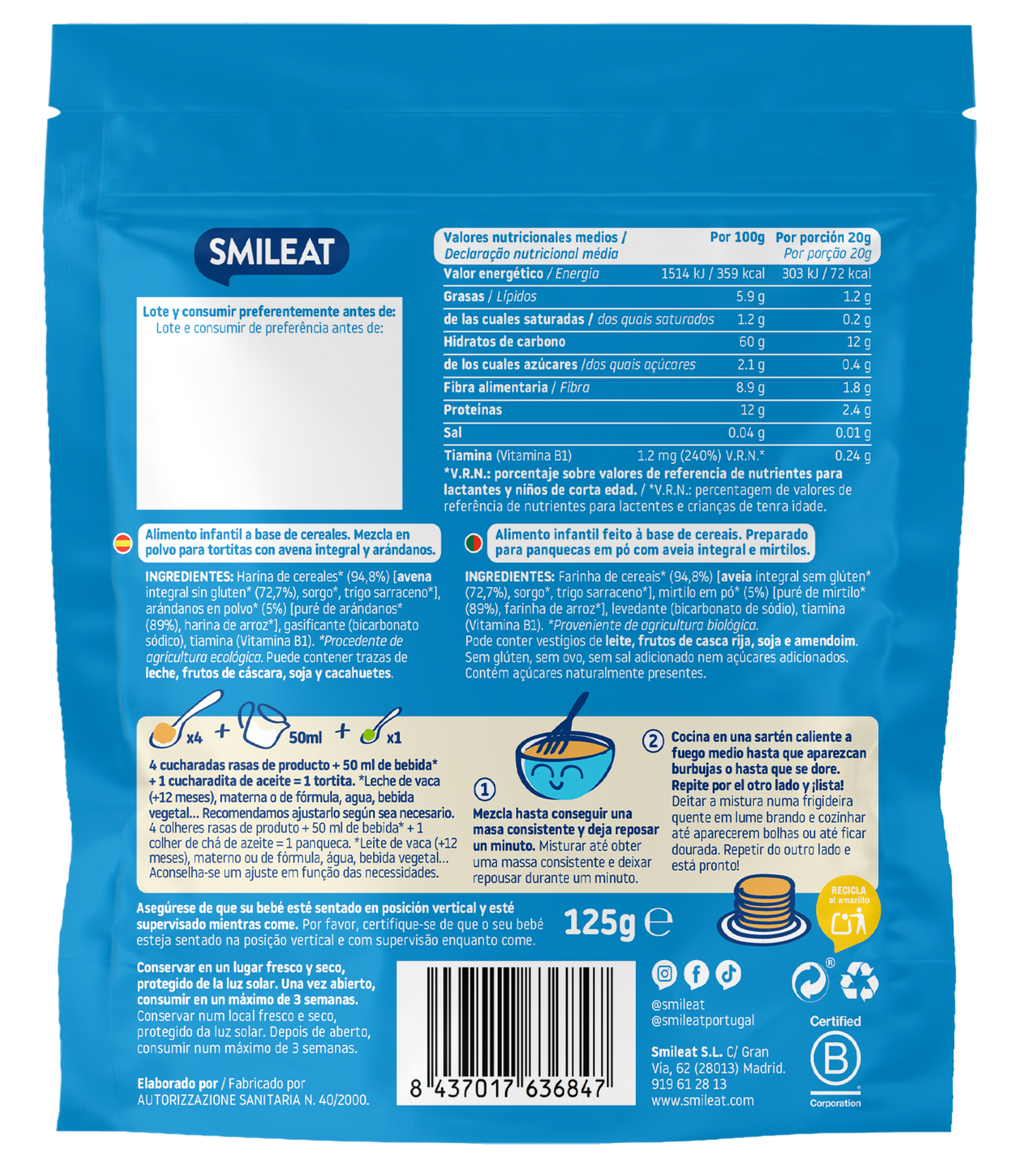 Embalagem de 2 misturas orgânicas de aveia integral e mirtilo para panquecas, Smileat, 125 g