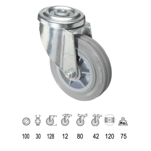 Rueda Industrial Goma Gris Pasante 100 Mm.