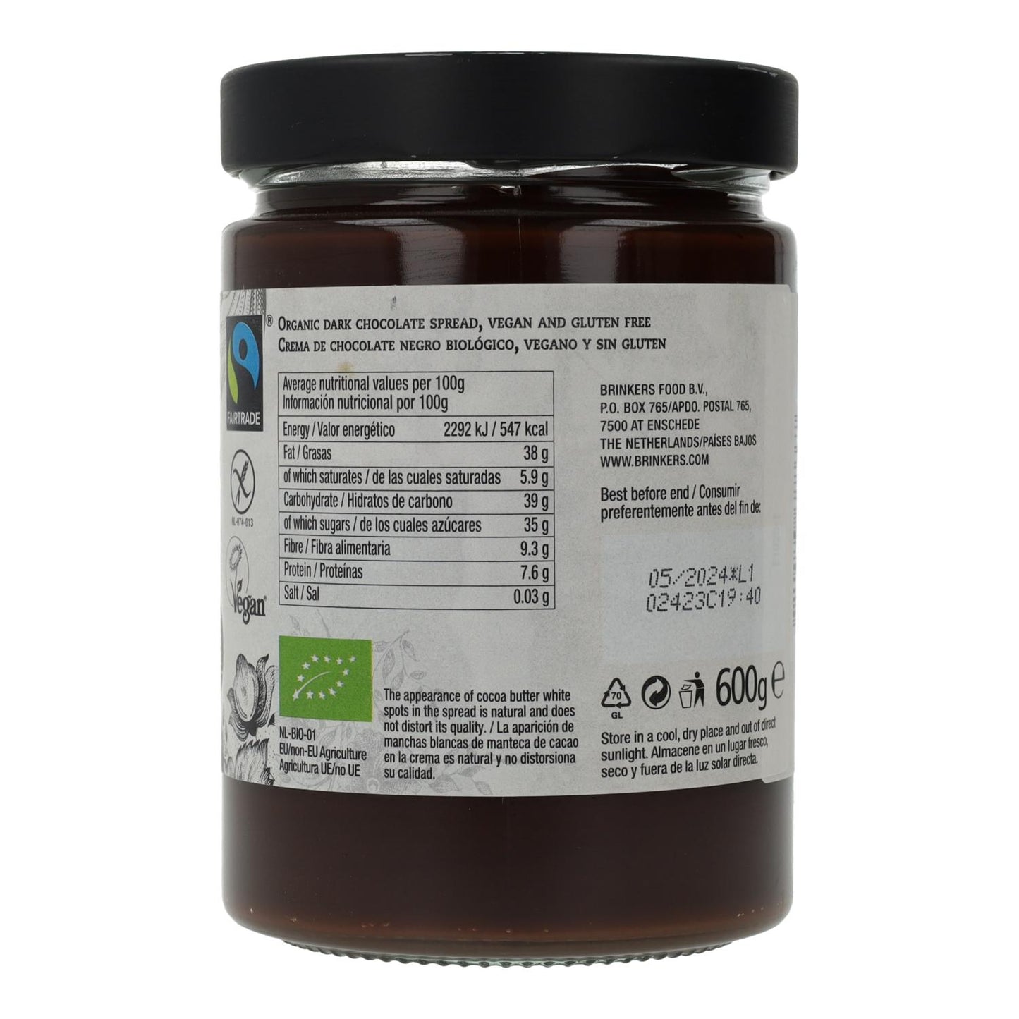 Creme de chocolate negro vegan sem glúten La Vida, 600 g 600 g