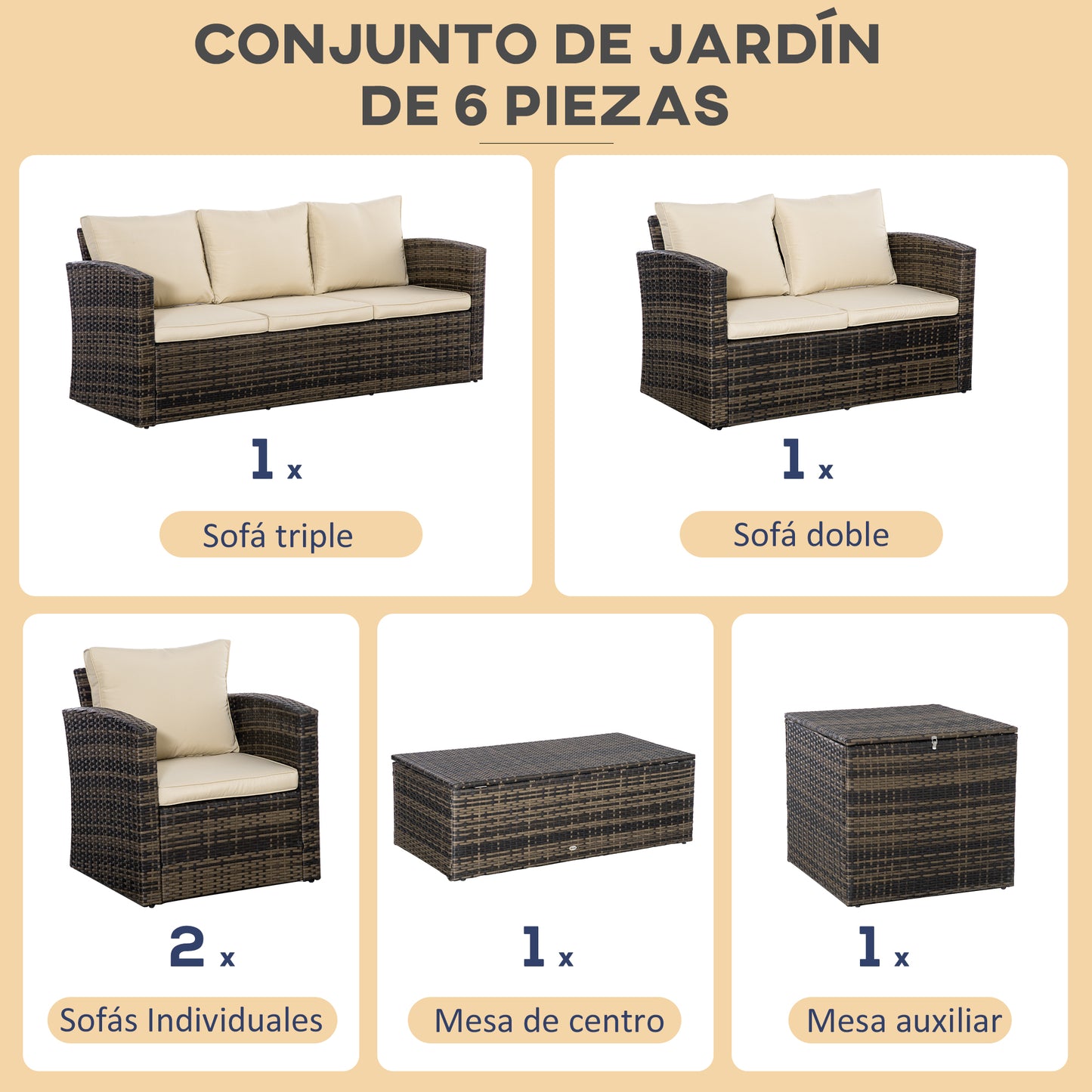 Outsunny Conjunto De Muebles Jardín De Ratán 6 Piezas Con Almacenaje Y Cojines_5