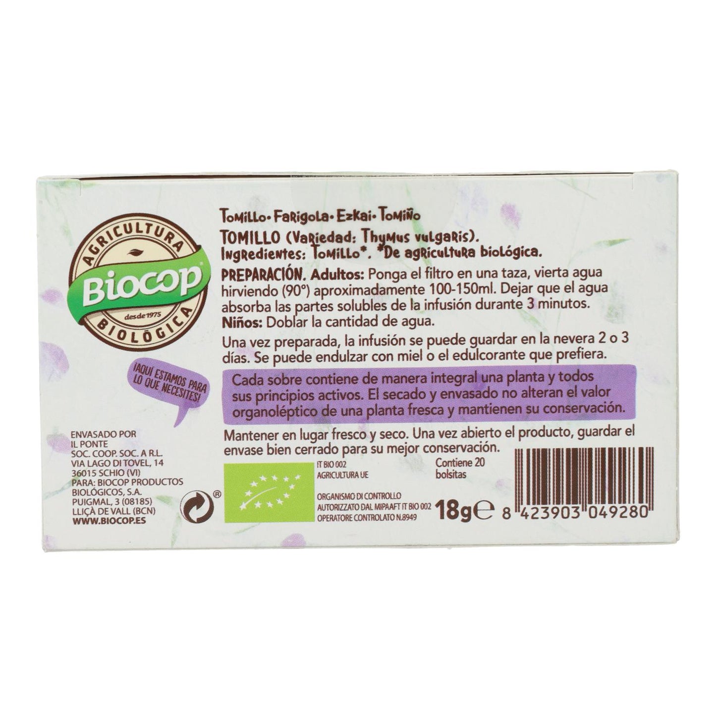 Chá de Tomilho Biocop Giardino, 20 saquetas