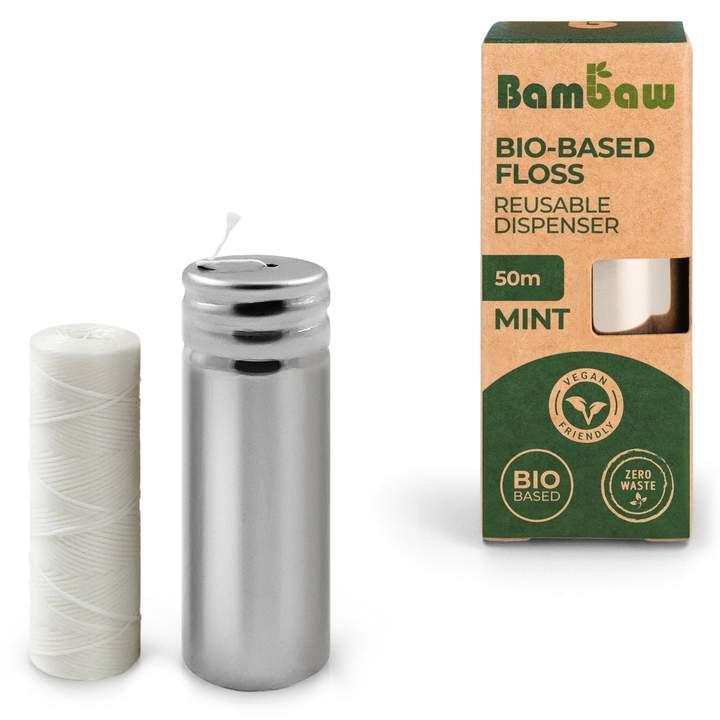 Fio dental vegan 50 metros e dispensador de aço bambaw