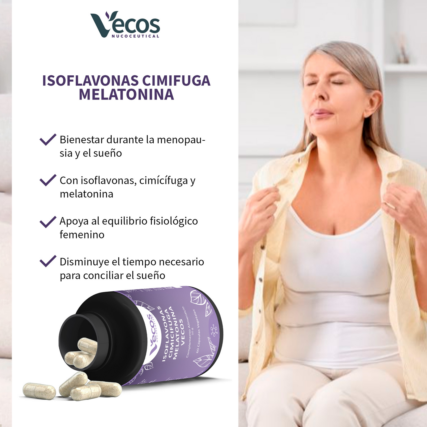 Isoflavonas + Cimicífuga + Melatonina Vecos 60 Cápsulas | Menopausia, Descanso Y Equilibrio Hormonal_3