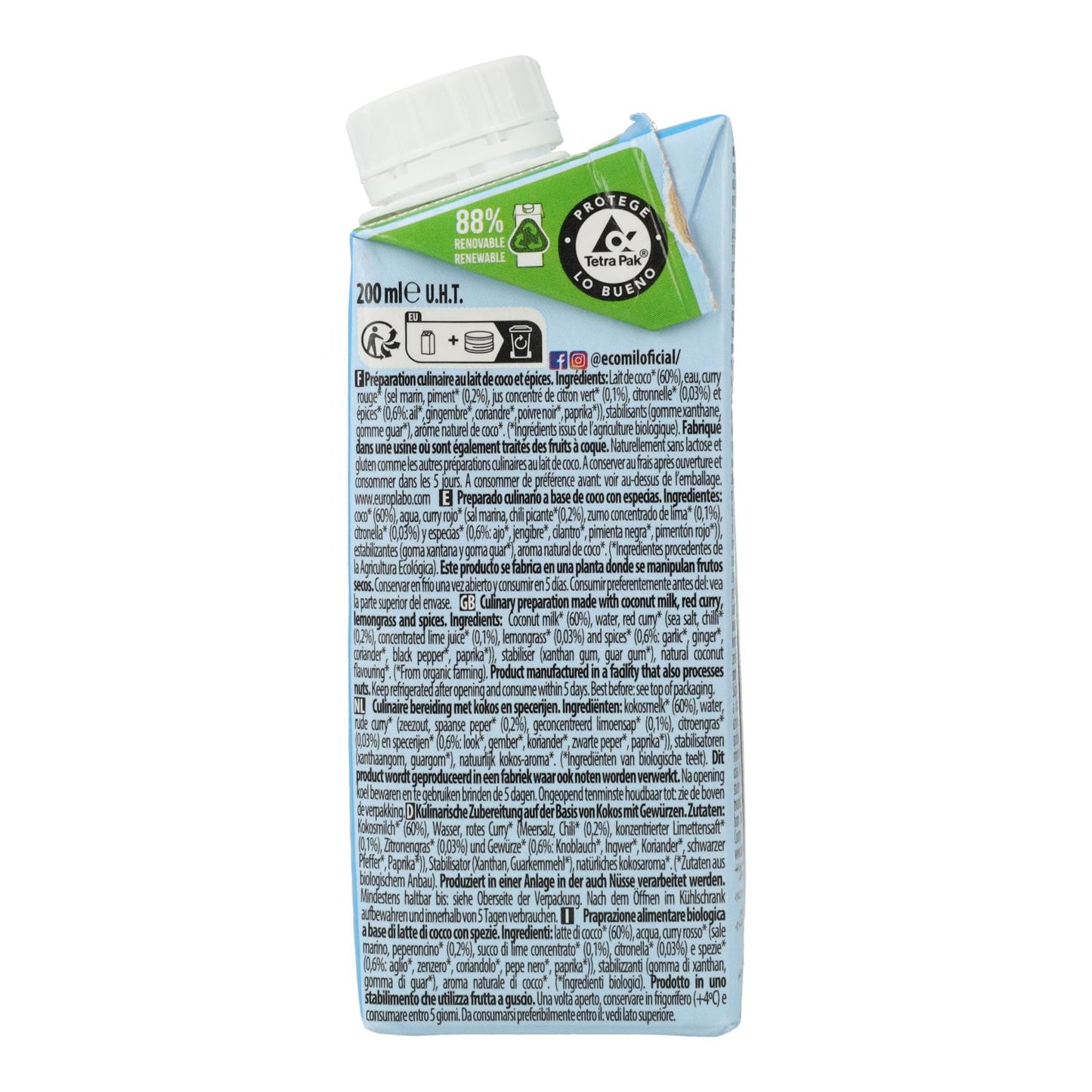 Creme Vegetal Ecomil Coco Thai Organic Cuisine, 200 ml