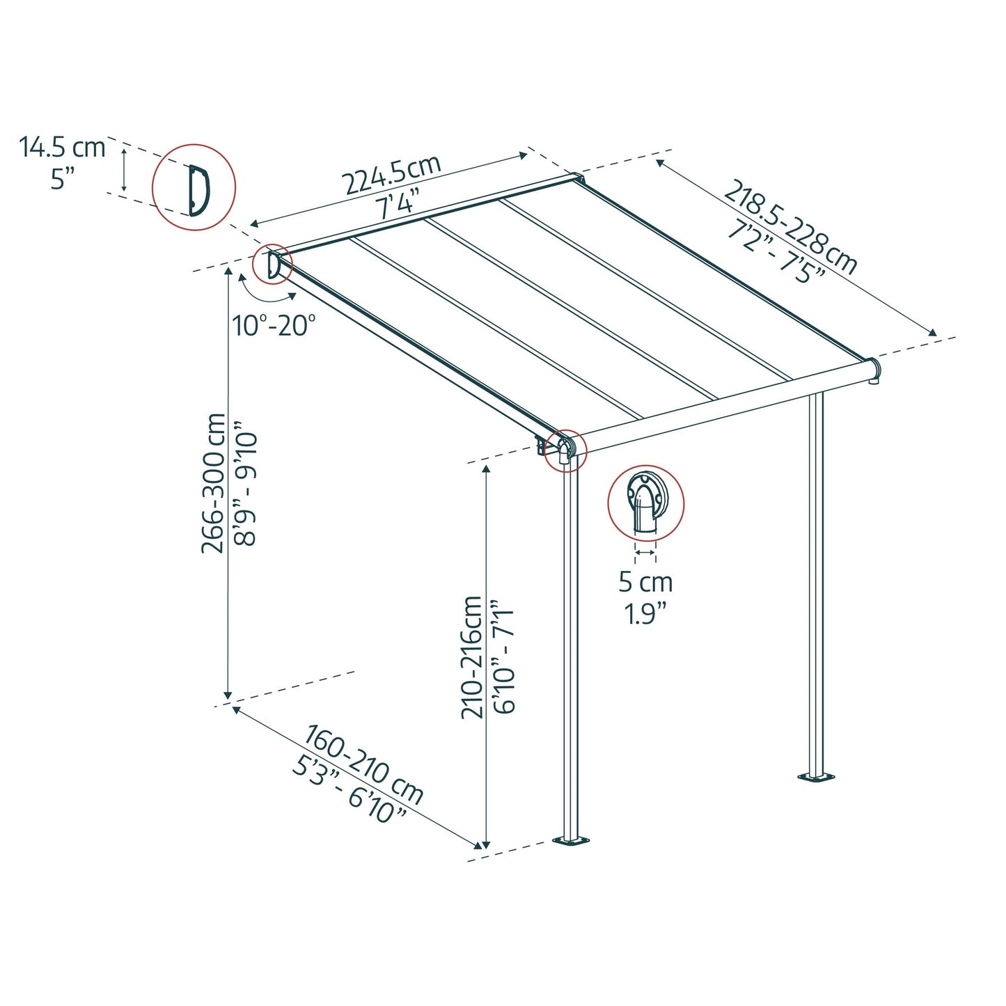 Pérgola anexa Sierra 224x224 cm cinzento