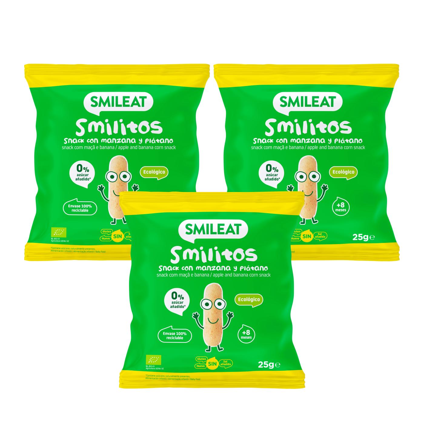 Embalagem de 3 Smilitos, minhocas de maçã e banana, 25g de snack Smileat