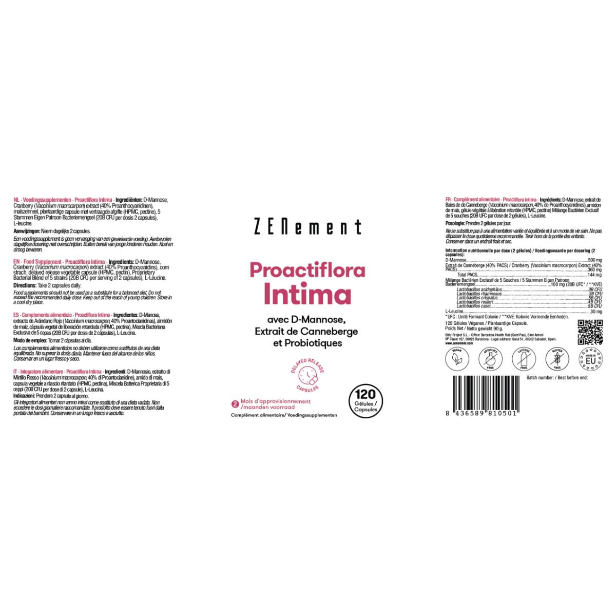 Proactiflora Intima com D-Manose, Extrato de Arando e Probióticos Zenement, 120 Comprimidos