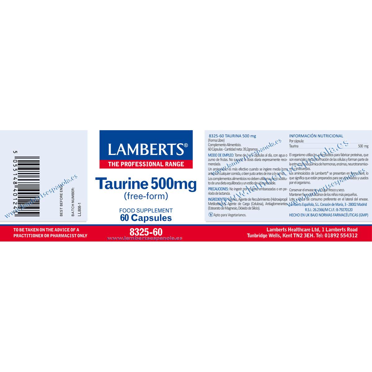 Taurina 500 mg Lamberts, 60 cápsulas