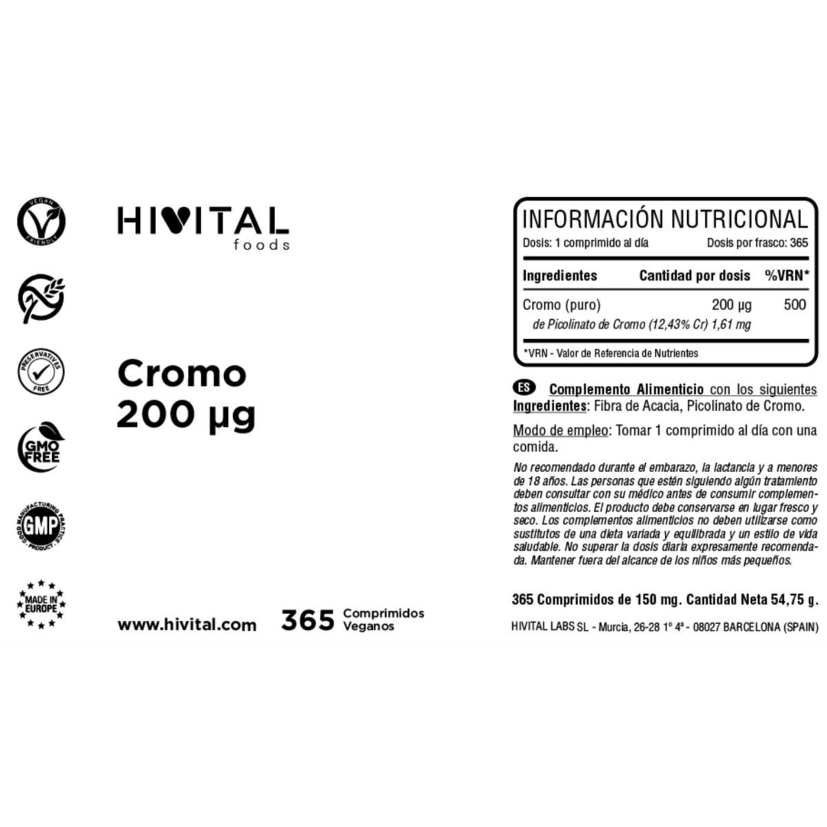Comprimidos vegan Hivital 365 de crómio 200 mcg