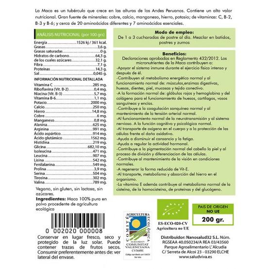 Maca Premium Pó BIO Salud Viva, 200 g